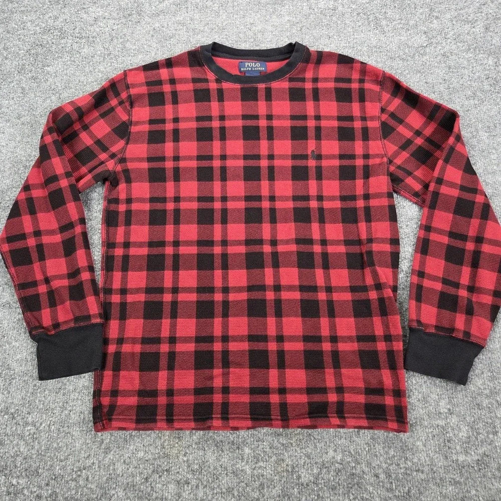 Polo Ralph Lauren Shirt Mens Large Red Black Plaid Thermal‎ Waffle Long Sleeve